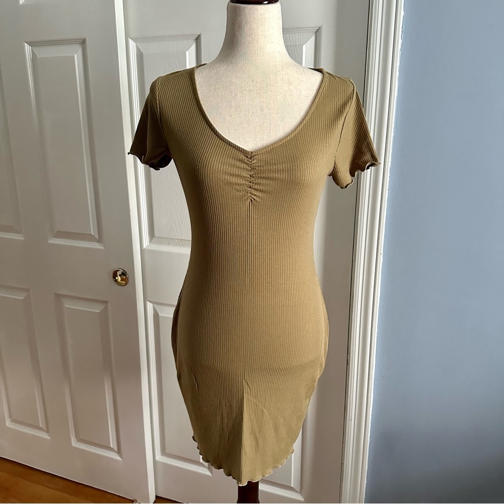 SO Women’s Ribbed Ruched Bodycon Mini Dress Olive Green Small Knit